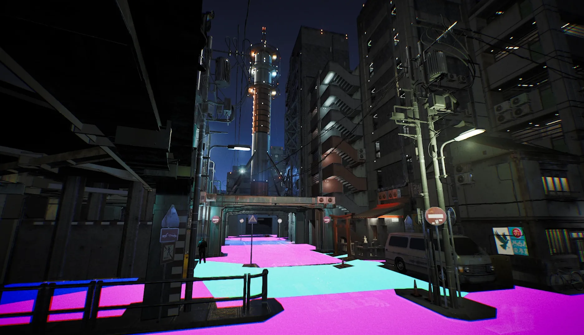 A dense industrial city at night with bright cyan and magenta debug surfaces.