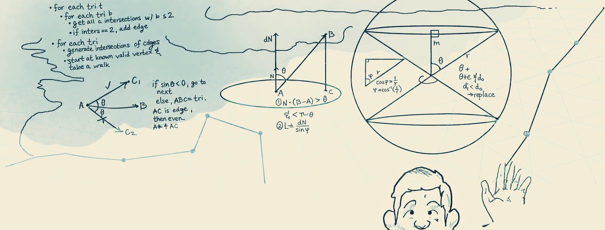 Hand-drawn portrait and waving hand of Trace Myers beside technical sketches and geometric diagrams.